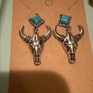 BKE Silver Bull Skull Earrings with Turquoise Accent